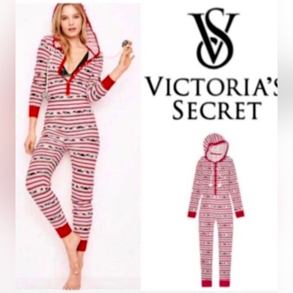 Victorias Secret Fireside Hooded Pom-Pom Thermal One Piece Pajamas